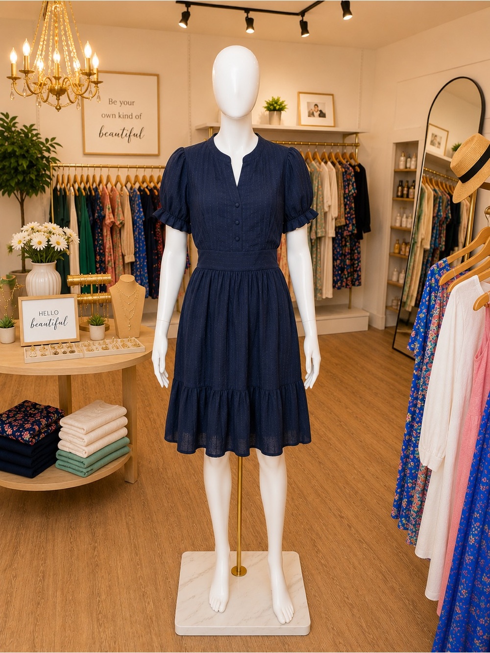 Navy Puff-Sleeve Tiered Midi Dress - Classic Feminine Style